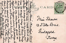 Load image into Gallery viewer, Vintage postcard with text and stamp, featuring a decorative design on the top left corner.
