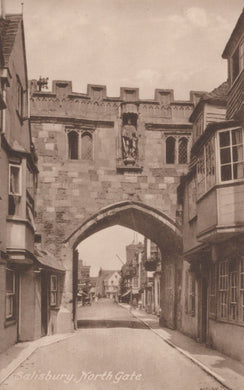 Vintage photograph of Salisbury North Gate with stone archway and surrounding buildings.