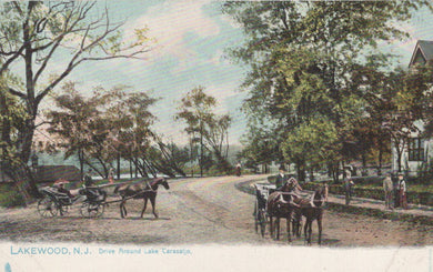 Vintage postcard of a street scene with horse-drawn carriages in Lakewood, NJ.