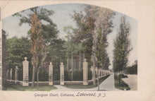 Load image into Gallery viewer, Vintage postcard of a garden entrance with trees and a path, labeled &#39;Georgian Court, Entrance, Lakewood, N.J.&#39;
