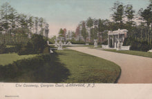 Load image into Gallery viewer, Vintage postcard of a garden scene with statues and pathways, labeled &#39;The Causeway, Georgian Court, Lakewood, N.J.&#39;
