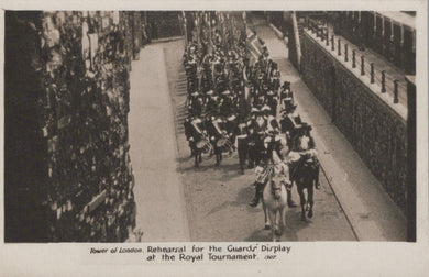 Historical black and white photo of a rehearsal for the Guards' Display at the Royal Tournament at the Tower of London.