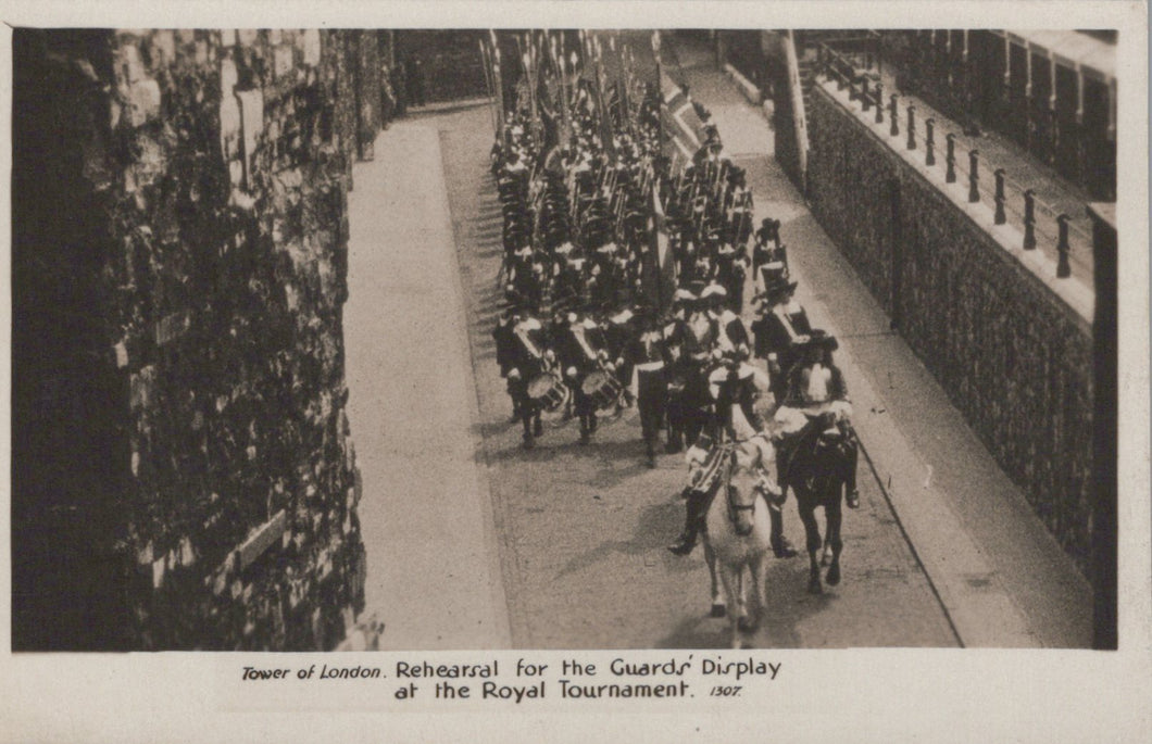 Historical black and white photo of a rehearsal for the Guards' Display at the Royal Tournament at the Tower of London.