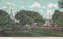 Load image into Gallery viewer, Vintage-style image of Royal Pavilion grounds with trees and flowers in Brighton
