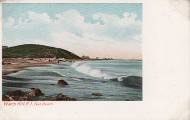 Vintage postcard of a beach scene with waves and rocks, labeled 'Watch Hill, R.I., East Beach'.