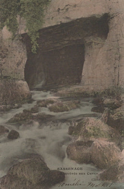 Grotto with water flowing through it, labeled 'Sassenage Grotte aux Caves'.