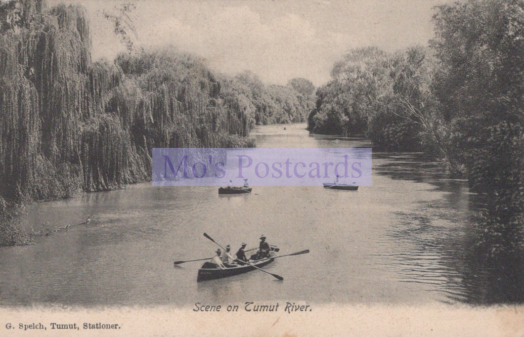 Vintage postcard of a scene on the Tumut River with people in boats, surrounded by trees.