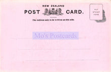 Load image into Gallery viewer, Pink New Zealand postcard with text and a stamp area.
