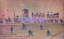 Load image into Gallery viewer, Vintage illustration of a train with people on it, labeled &#39;Friends Express&#39;, and people playing cricket on the ground.
