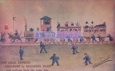 Vintage illustration of a train with people on it, labeled 'Friends Express', and people playing cricket on the ground.