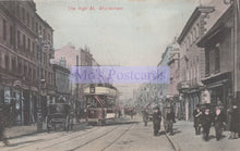Load image into Gallery viewer, Vintage street scene with a tram and pedestrians on The High St, Cheltenham.
