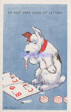 Load image into Gallery viewer, Vintage-style illustration of a dog with letters and numbers on a blue background
