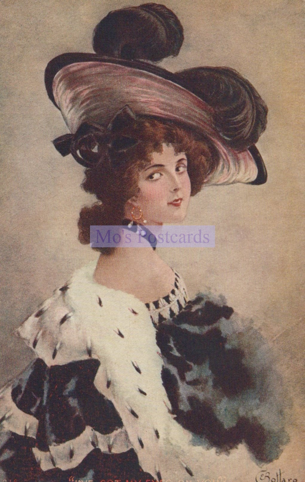Vintage-style illustration of a woman with a large hat and elaborate dress, with 'Mo's Postcards' branding.