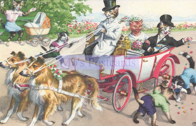 Vintage-style illustration of a dog-drawn carriage with people and children in a park setting.