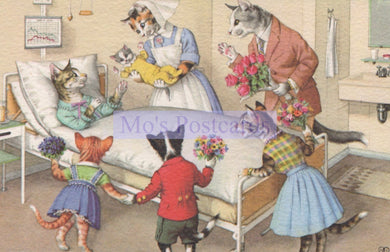Illustration of cats in a hospital room with a nurse, featuring the text 'Ma's Postcards'.
