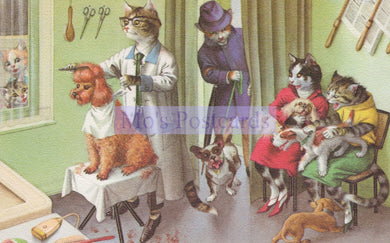 Illustration of a veterinary clinic with cats and dogs in various roles.