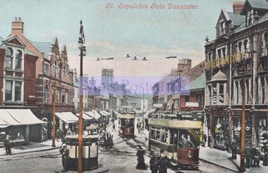 Vintage postcard of a street scene with trams and buildings in Doncaster, featuring sepulchre gate.