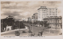 Load image into Gallery viewer, Vintage black and white postcard of North Terrace and Shell Building, Adelaide, South Australia.
