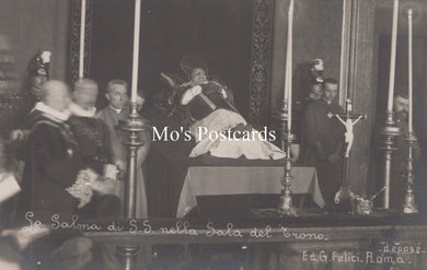 Vintage black and white photograph of a formal event with people in formal attire, possibly a religious or ceremonial occasion.