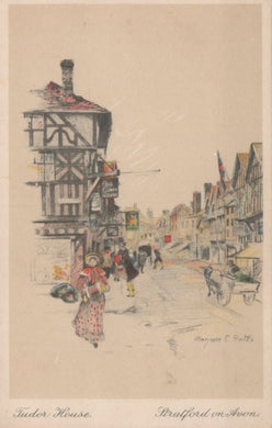 Illustration of a street scene with a half-timbered Tudor house in Stratford-upon-Avon