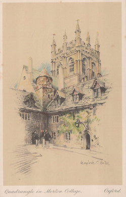 Colorful illustration of a quadrangle with a tall tower, likely from a college, in Oxford.