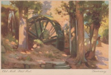 Watercolor painting of a watermill in a forest setting with trees and natural light.