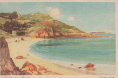 Vintage-style painting of a coastal scene with a beach and hillside.