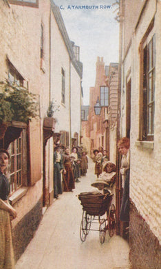 Vintage illustration of a narrow street with people and a baby buggy.