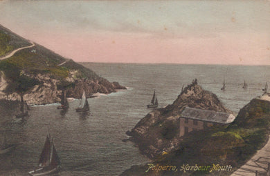 Vintage postcard of Polperro Harbour Mouth with sailboats and cliffs.