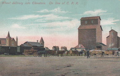 Vintage postcard of wheat delivery into elevators on the C.P.R. line with horses and wagons.