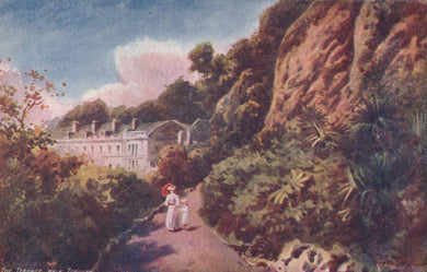 Painting of a garden scene with a house and people walking, featuring natural elements and architecture.