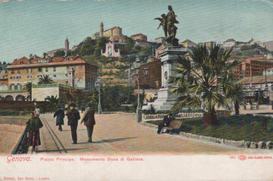 Vintage postcard of a scenic view with a statue and people walking in a town square.