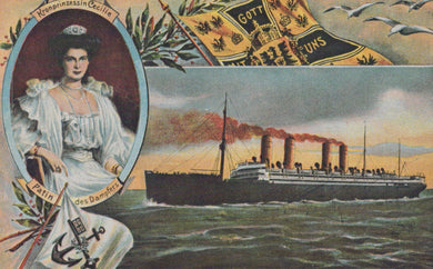 Vintage-style postcard with a portrait of a woman and an illustration of a steamship on water.