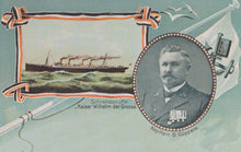 Load image into Gallery viewer, Vintage postcard with a ship illustration and a portrait of a man, likely a captain, on a decorative background.
