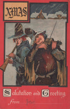 Load image into Gallery viewer, Vintage Christmas card with two figures in winter clothing and a red border.
