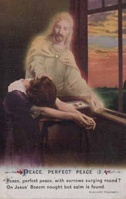 Vintage religious card with a figure of Jesus comforting a woman, with text at the bottom.