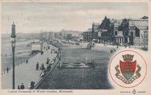 Load image into Gallery viewer, Vintage postcard of a promenade with buildings and people, featuring the Morecambe logo.
