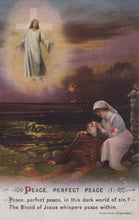 Load image into Gallery viewer, Vintage religious poster with a scene of a man lying on the ground, a woman tending to him, and a figure of Jesus on a cross in the sky.
