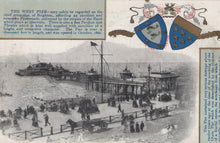 Load image into Gallery viewer, Vintage postcard of a pier with people and vehicles, featuring heraldic designs at the top.

