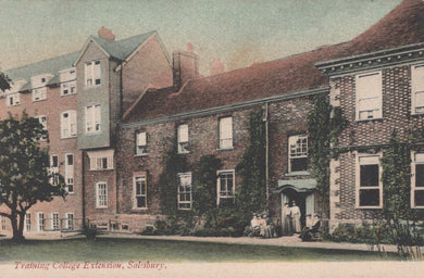 Vintage postcard of a brick building with people sitting outside, labeled 'Training College Extension, Salisbury'.