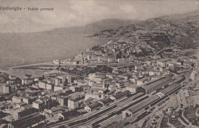 Vintage aerial view of Ventimiglia with train station and coastal landscape