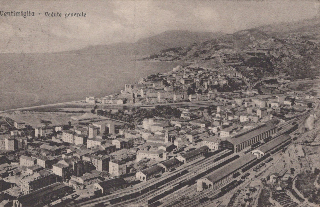 Vintage aerial view of Ventimiglia with train station and coastal landscape