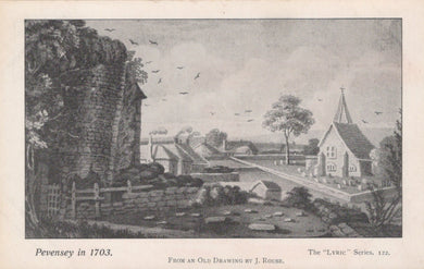 Engraving of Pevensey in 1703 with a church and castle wall.