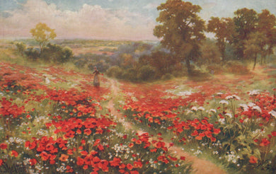 Painting of a landscape with a field of red flowers and trees in the background
