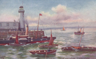 Painting of a lighthouse with boats in the foreground and sea in the background