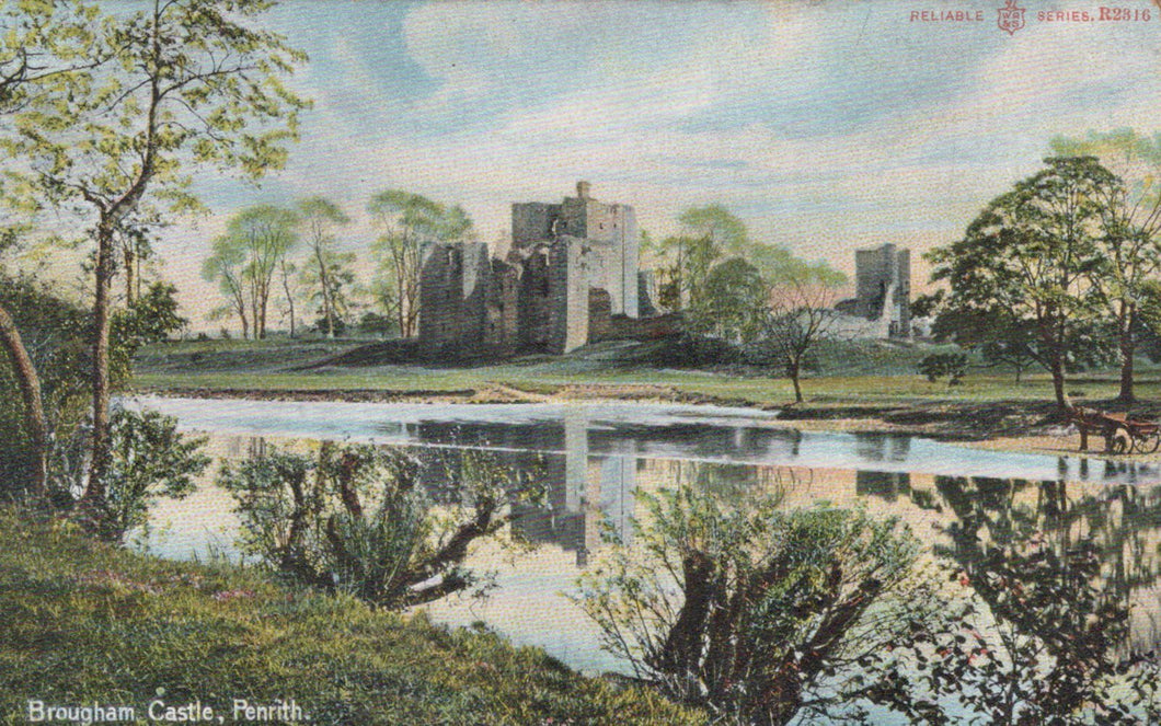 Castle ruins reflected in a lake with trees and grass around