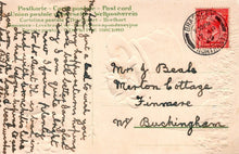 Load image into Gallery viewer, Vintage postcard with text and a stamp, featuring airmail label.

