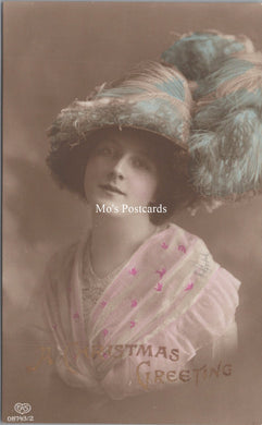 Greetings Postcard - A Christmas Greeting, Lady Wearing a Fancy Hat  SX140