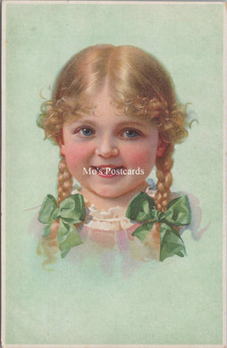 Children Postcard - Young Girl With Pigtails and Green Bows  SX142