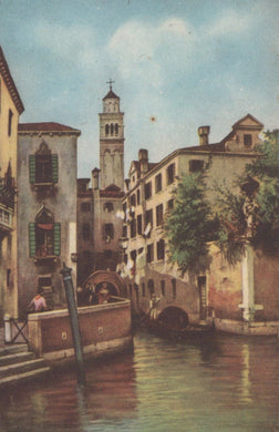 Venetian canal scene with buildings and a bell tower.